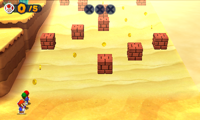 Group near a start of the line of the 90 Coins in the Quicksand Rescue mission's Hard Mode of Mario & Luigi: Paper Jam.