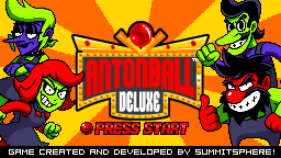 Title screen of Antonball Deluxe, displaying Anton's similarity to Wario, as well as the logo