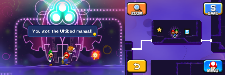 Mario holding the Ultibed Manual in Dream's Deep accessed by Dreamy Pi'illo Castle accessed by the Dreampoint of Mario & Luigi: Dream Team.