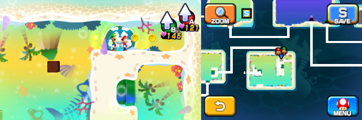 Mario and Luigi near 2 Coins and a 50-Coin in Dreamy Driftwood Shore housing Seadric the Seadring of Mario & Luigi: Dream Team.