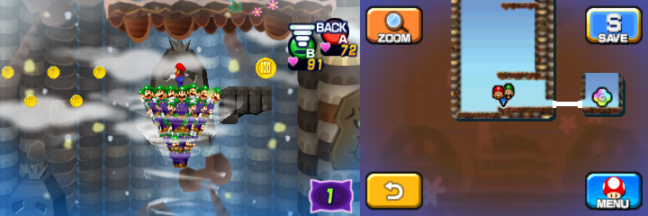 Mario and Luiginoids (in the shape of a cone) near 5 Coins and a 100-Coin in Dreamy Mount Pajamaja accessed by the third Pink Pi'illo of Mario & Luigi: Dream Team.