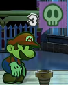 Mario under the effects of the Poison status effect, as seen in Paper Mario: The Thousand-Year Door (Nintendo Switch).