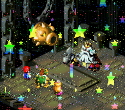 Smithy using the move Meteor Swarm on Mario, Bowser, and Princess Peach.