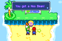 Mario and Luigi getting a Hoo Bean from pink Oho Jee in Oho Ocean of Mario & Luigi: Superstar Saga.