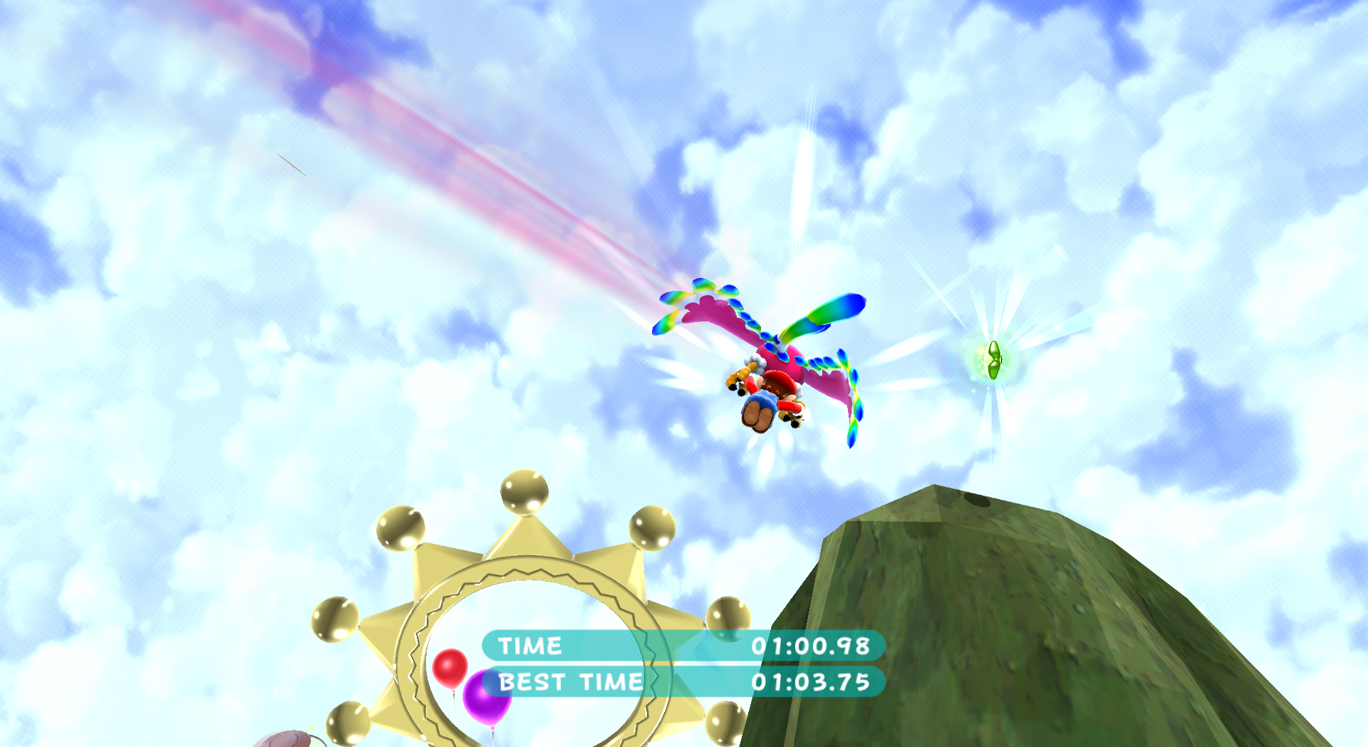 Mario and Fluzzard fly to the second Green Star of Wild Glide Galaxy in Super Mario Galaxy 2.