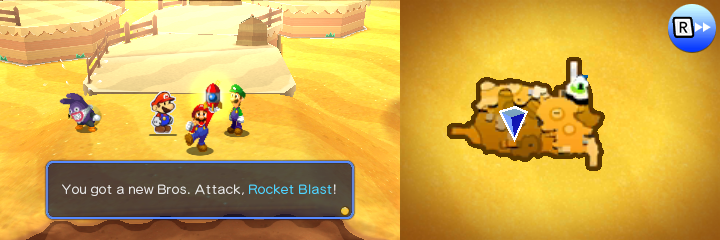 Mario getting the Rocket Blast Bros. Attack from Nabbit in Catch Nabbit! mission of Mario & Luigi: Paper Jam.