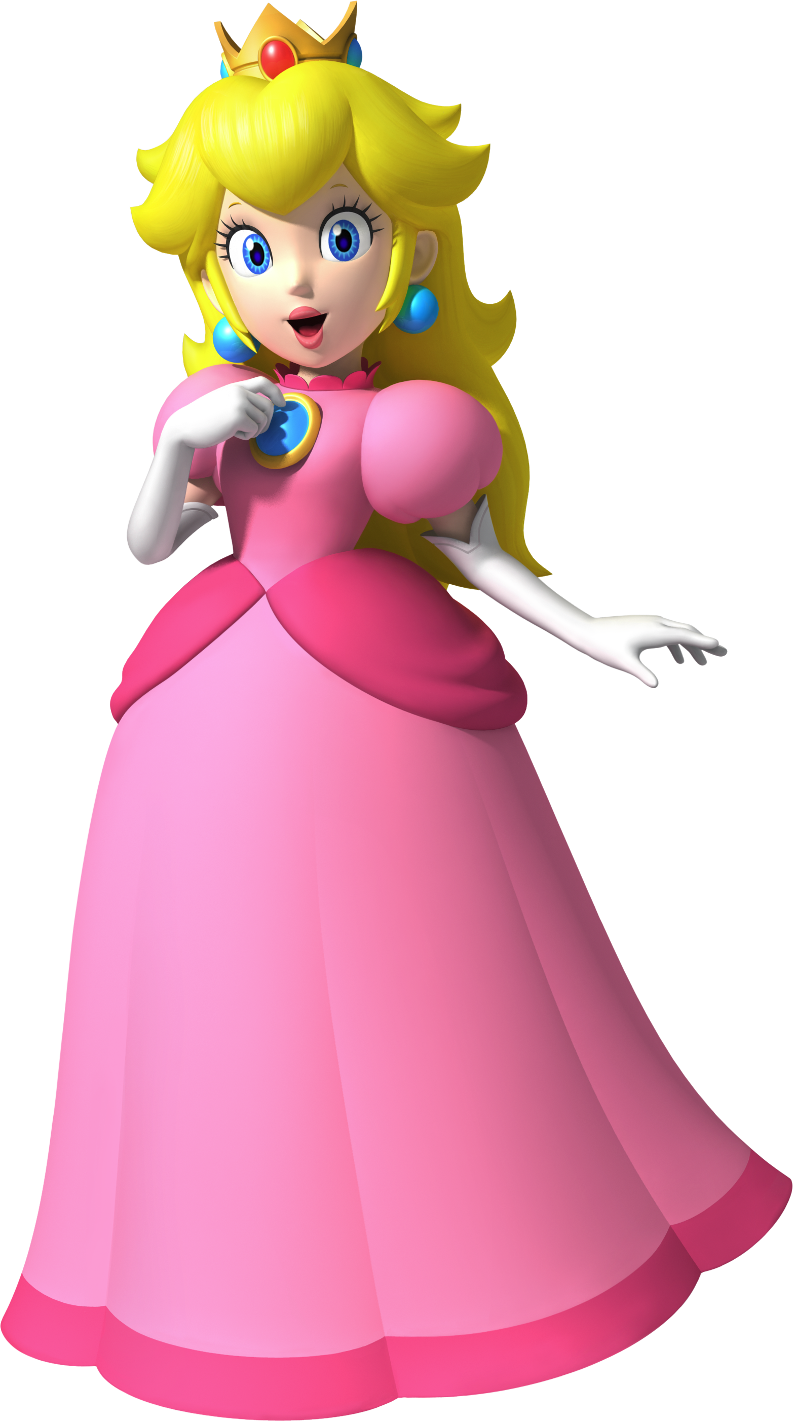 Artwork of Princess Peach in New Super Mario Bros. Wii (also used in Mario and Sonic at the London 2012 Olympic Games, Mario Party: Island Tour and Mario Kart Tour)