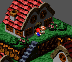 Treasure Hunter Toad giving Mario a Frog Coin outside his house in Rose Town of Super Mario RPG: Legend of the Seven Stars.