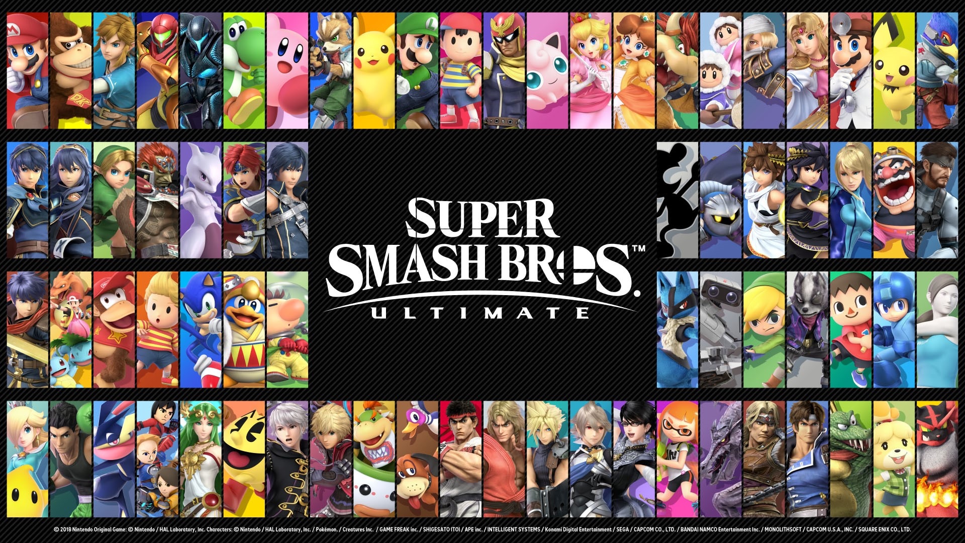 Portraits of all the base playable characters, with the game's logo in the middle