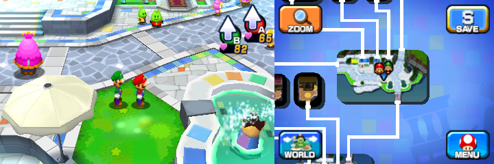 Mario and Luigi near an illuminated ground containing the Pi'illo Ring in Wakeport of Mario & Luigi: Dream Team.