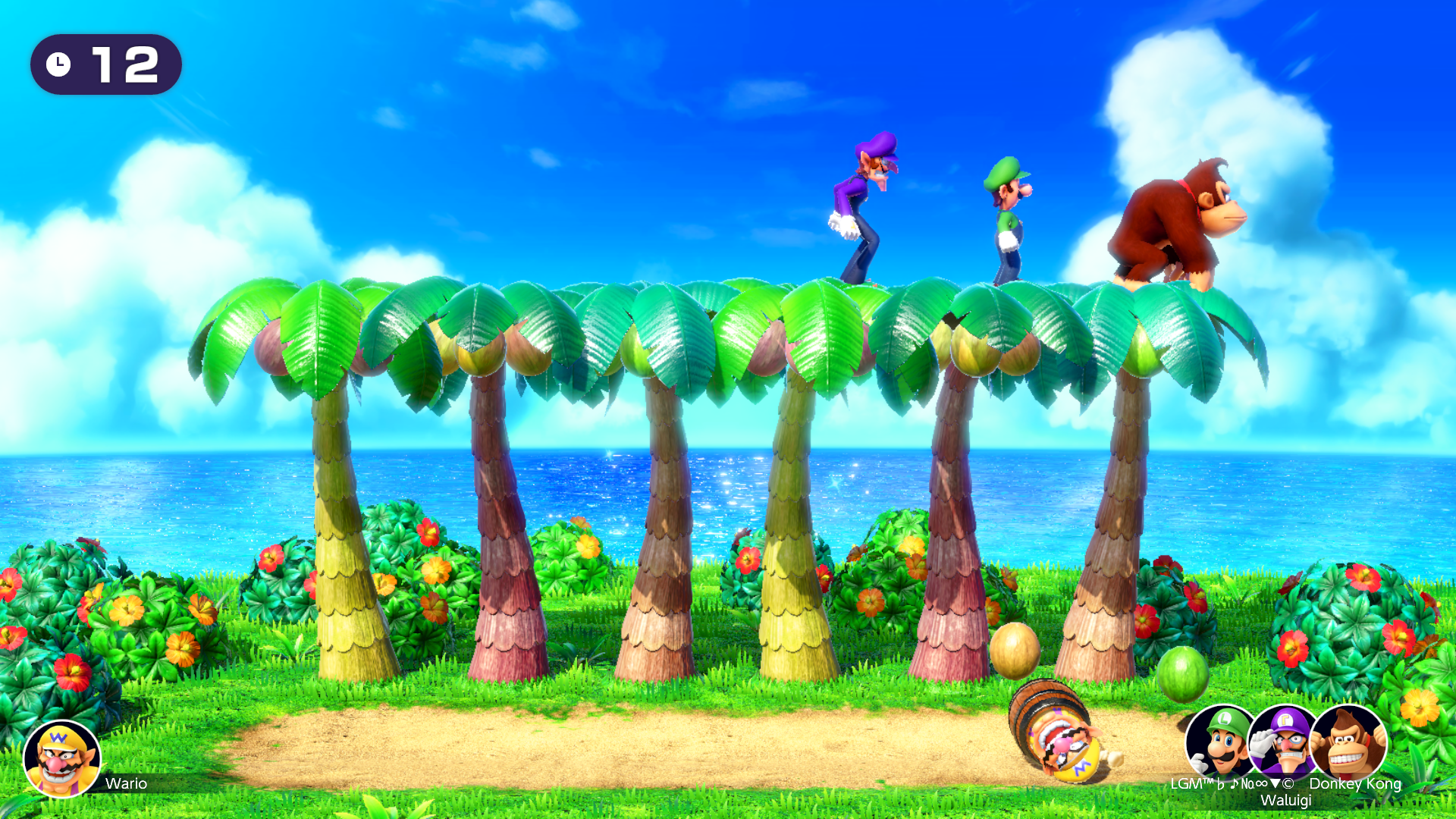 Coconut Conk Solo side: Roll around to dodge the falling coconuts. Team side: Ground-pound to drop coconuts on the solo player!