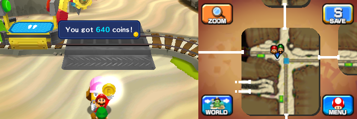 Mario getting up to 640 Coins from Britta in Dozing Sands of Mario & Luigi: Dream Team.