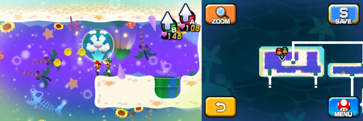 Mario and Luigi near 3 Coins in Dreamy Driftwood Shore housing Seadric the Seadring of Mario & Luigi: Dream Team.