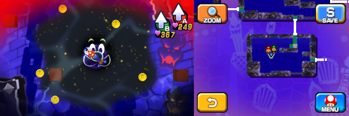 Mario near 5 Coins in Dreamy Neo Bowser Castle accessed by the first Koopa Clown Car Dreampoint of Mario & Luigi: Dream Team.