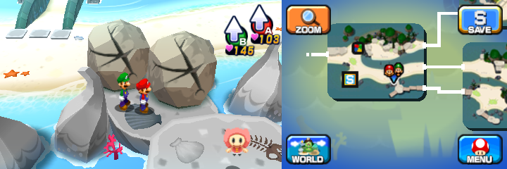 Mario and Luigi near two boulders containing a Coin each in Driftwood Shore of Mario & Luigi: Dream Team.