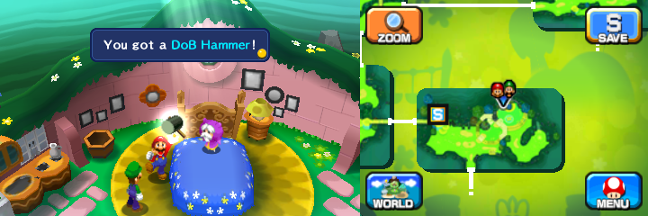 Mario getting the DoB Hammer from Eldream in Mushrise Park of Mario & Luigi: Dream Team.