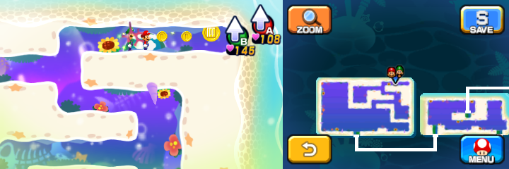 Mario and Luigi near 2 Coins and a 100-Coin in Dreamy Driftwood Shore housing Seadric the Seadring of Mario & Luigi: Dream Team.