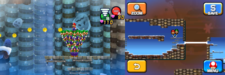 Mario and Luiginoids (in the shape of a cone) near 6 Coins (with 4 visible) in Dreamy Mount Pajamaja accessed by a Dreampoint found at the peak of the real world mountain of Mario & Luigi: Dream Team.