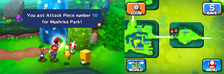 Mario getting the last Attack Piece for the 3D Red Shell Bros. Attack from a Toad in Mushrise Park of Mario & Luigi: Dream Team.