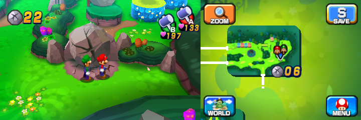 Mario and Luigi near a boulder containing a Coin in Mushrise Park of Mario & Luigi: Dream Team.