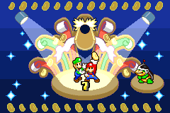 Mario and Luigi getting Hee Beans from Border Bro in Stardust Fields of Mario & Luigi: Superstar Saga.
