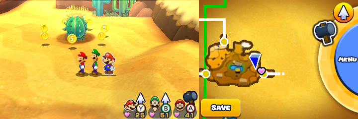 Group near 4 Coins and 3 Five Coins in Doop Doop Dunes of Mario & Luigi: Paper Jam.