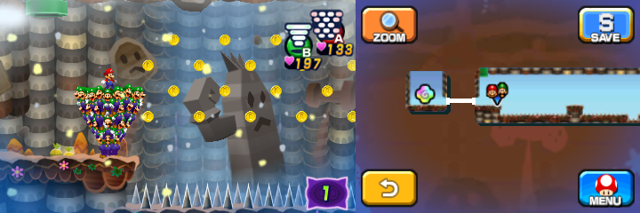 Mario and Luiginoids (in the shape of a cone) near 56 Coins and 50-Coin (with 16 Coins visible) in Dreamy Mount Pajamaja accessed by the sixth Pink Pi'illo of Mario & Luigi: Dream Team.