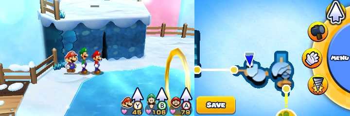 Group near a crack in the wall containing a 100-Coin, Super Candy and 2 Super Nuts in Mount Brrr of Mario & Luigi: Paper Jam.