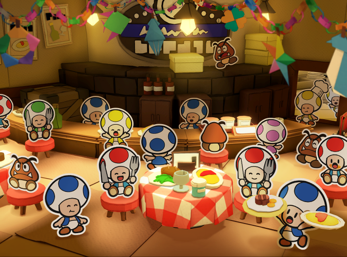 Goombas and Toads feasting at the Overlook Tower café.