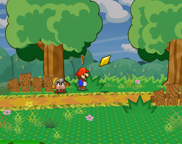 Mario getting the Star Piece in a clump of grass in Petal Meadows, just to the right of Petalburg, in Paper Mario: The Thousand-Year Door.