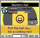 The shelf sprite of one of Jimmy T's records (Western Hat) in the game WarioWare: D.I.Y., as it appears on the top screen.
