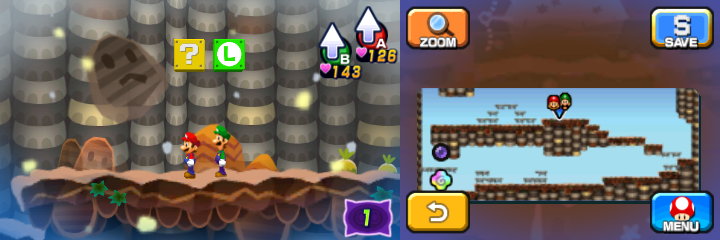 Last two blocks in Dreamy Mount Pajamaja accessed by a second Mega Pi'illo (named Lowe) of Mario & Luigi: Dream Team.