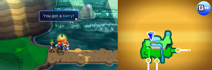 Mario holding a Berry in Gloomy Woods of Mario & Luigi: Paper Jam.