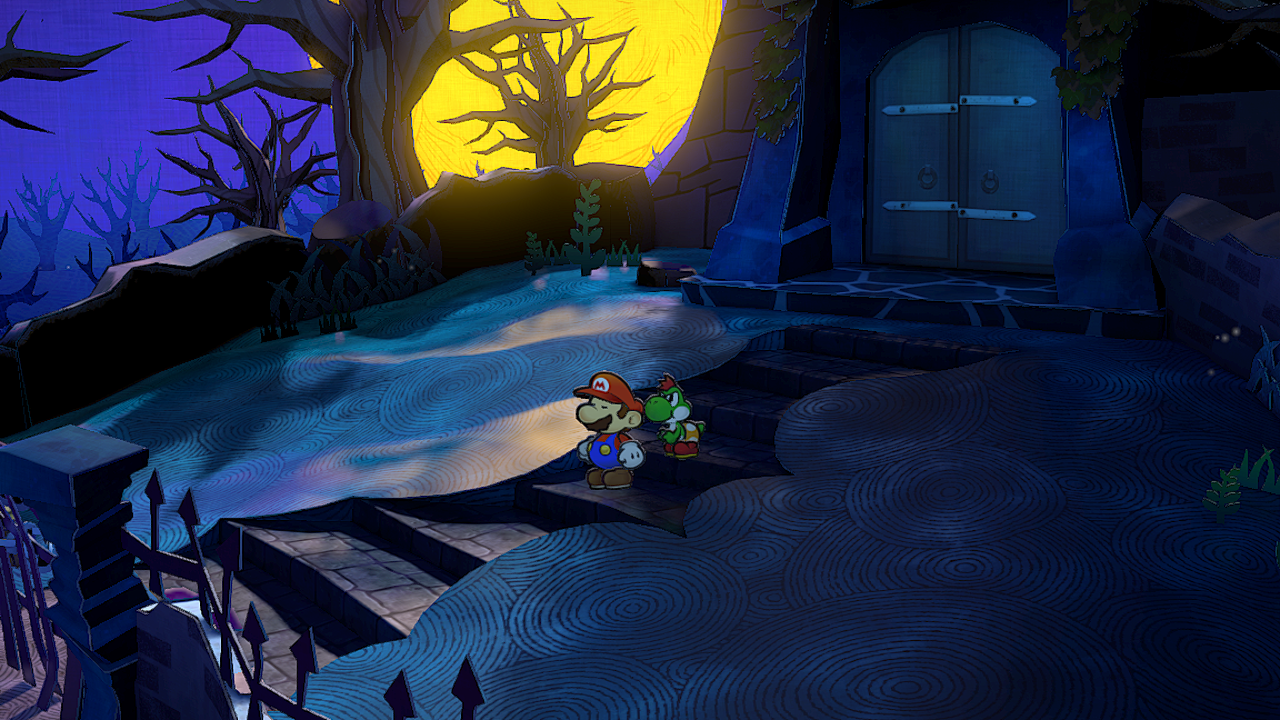 Mario at a hidden ? Block location at the Creepy Steeple's front entrance, in the remake of the Paper Mario: The Thousand-Year Door for the Nintendo Switch.