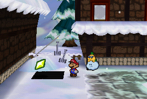 Mario finding a Star Piece under the hidden panel in Shiver City in Paper Mario