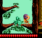 Dixie Kong holding a Steel Barrel at Koin in Redwood Rampage of Donkey Kong GB: Dinky Kong & Dixie Kong