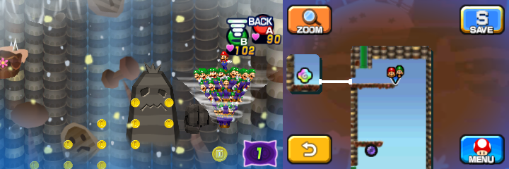 Mario and Luiginoids (in the shape of a cone) near 13 Coins and a 100-Coin (with 11 Coins and the 100-Coin visible) in Dreamy Mount Pajamaja accessed by the second Blue Pi'illo of Mario & Luigi: Dream Team.