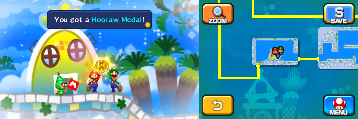 Mario and Luigi holding the Hooraw Medal after defeating Thunder Sass in Dreamy Wakeport accessed by Big Massif's Dreampoint of Mario & Luigi: Dream Team.
