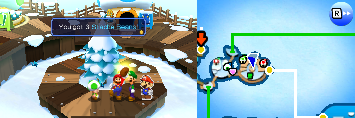 Mario getting 3 Stache Beans from the Know-It-All Toad in Mount Brrr of Mario & Luigi: Paper Jam.