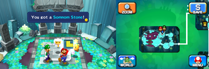 Mario getting the Somnom Stone from a Pi'illo Master in Somnom Woods of Mario & Luigi: Dream Team.