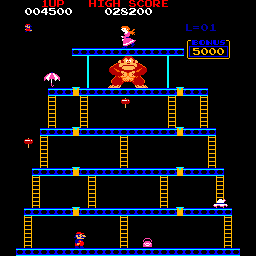 A screenshot from the final stage in the original Donkey Kong game.