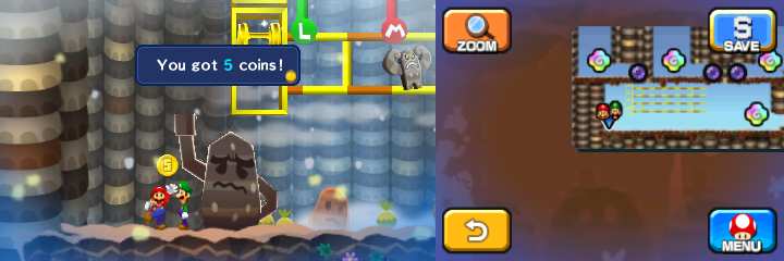 Mario getting a Five Coin from completing the light puzzle found in Dreamy Mount Pajamaja accessed by the first Blue Pi'illo of Mario & Luigi: Dream Team.