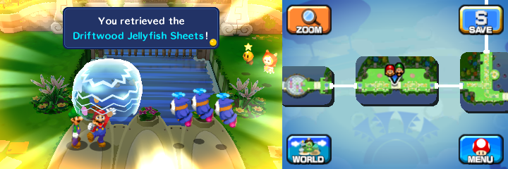 Mario picking up the Driftwood Jellyfish Sheets from unsuspecting trio of Fly Guys R in Pi'illo Blimport of Mario & Luigi: Dream Team.
