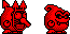 Sprites of a Flame Mask-Guy and its appearance without a mask, from Virtual Boy Wario Land.