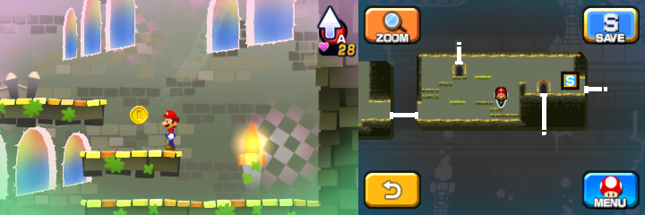 Mario near a Coin in Dreamy Pi'illo Castle accessed by a Dreampoint of Mario & Luigi: Dream Team.