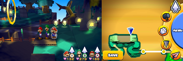 Group near a golden ring containing 24 Five Coins in Gloomy Woods of Mario & Luigi: Paper Jam.