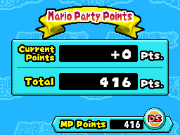 A screenshot of Mario Party DS, showing the player's current and total Mario Party Points.