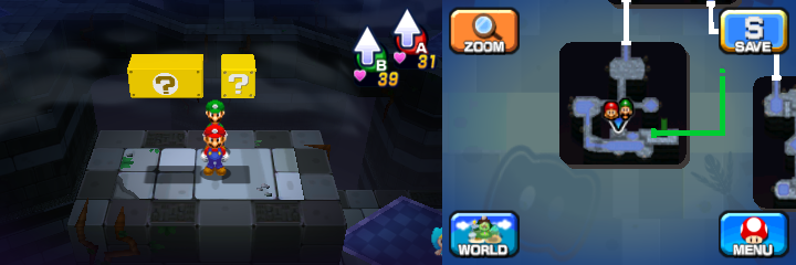 Nineteenth and twentieth blocks in Pi'illo Castle of Mario & Luigi: Dream Team.