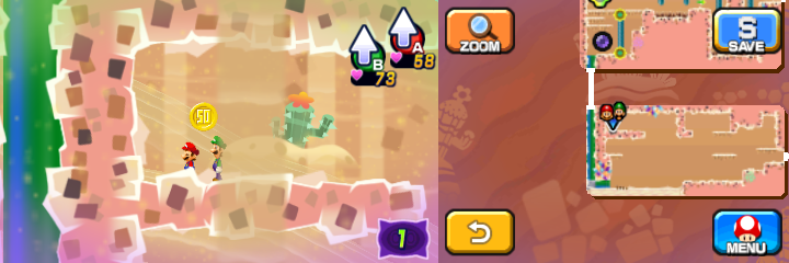 Mario and Luigi near a 50-Coin in Dreamy Dozing Sands accessed by fifth Deco Pi'illo of Mario & Luigi: Dream Team.