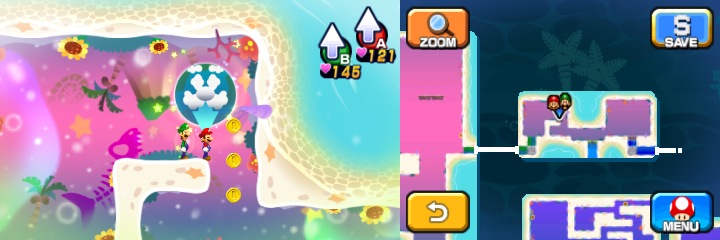 Mario and Luigi near 3 Coins in Dreamy Driftwood Shore housing Seadric the Seadring of Mario & Luigi: Dream Team.